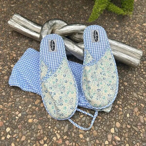 Ben Berger Baby Blue Floral Gingham Check Travel Slippers with Bag Large